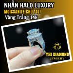 Nhẫn Nữ Halo Luxury Moissanite Chủ 14li, Kết Hợp Vỏ Vàng Trắng 14k.