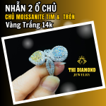 Nhẫn Nữ 2 Viên Chủ, Moissanite Tim và Tròn, Vỏ Vàng Trắng 14k.