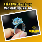 Nhẫn Nam Moissanite loại 1, Chủ 12li, Vỏ Vàng Trắng 14k